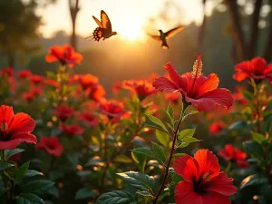 Sunset Pollinator Garden - Wide-angle view of a hibiscus garden at golden hour, showing multiple layers of flowering plants with butterflies and hummingbirds active, warm sunset lighting creating dramatic shadows