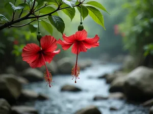 Swamp Hibiscus Stream - Close-up view of crimson swamp hibiscus flowers hanging over a natural-looking stream with smooth rocks, mist rising from the water, cottage core aesthetic