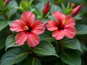 Textural Hibiscus Composition - Close-up perspective showing the varying textures of hibiscus leaves and flowers alongside companion plants, focus on intricate details and surface contrasts