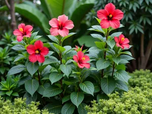 Tropical Border Garden - A lush mixed border featuring tall hibiscus plants as focal points, surrounded by tropical groundcovers and accent plants, photographed from a low angle