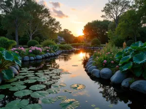 Tropical Border Pond - Wide view of a curved garden pond edge planted with swamp hibiscus, cannas, and elephant ears, reflecting sunset colors