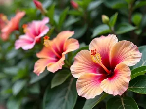 Tropical Border Succession - Side view of a tiered hibiscus border showing clear height progression from front to back, with blooming and budding flowers showing different stages of flower development