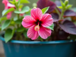 Tropical Color Explosion - Close-up macro shot of a double pink hibiscus bloom emerging from a cobalt blue container with deep purple coleus and lime green sweet potato vine in soft morning light