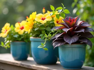 Tropical Container Trio - Close-up shot of three coordinating blue glazed containers with yellow hibiscus flowers, chartreuse sweet potato vine spillers, and dark burgundy coleus, morning light, shallow depth of field