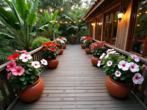 Tropical Deck Oasis - Aerial view of a wooden deck featuring a symmetrical arrangement of large ceramic planters with red and white hibiscus, surrounded by tropical foliage and string lights