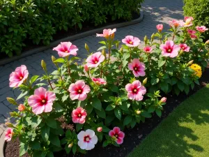 Tropical Hibiscus Border - Aerial view of a curved garden border featuring multiple hibiscus varieties in full bloom, complemented by tropical foliage plants and flowering perennials, photographed in bright morning light