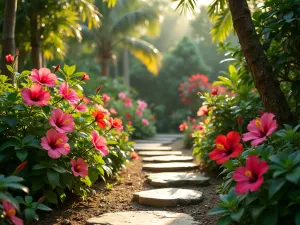 Tropical Hibiscus Garden Paradise - A lush tropical garden paradise with multiple varieties of hibiscus in full bloom, featuring pink, red, and yellow flowers, surrounded by natural stone pathways and tropical foliage, photographed in warm evening light