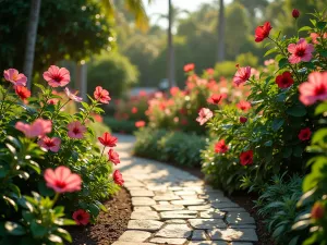 Tropical Hibiscus Garden Path - A winding garden path through a dedicated hibiscus garden, featuring multiple varieties of flowering hibiscus in pink, red, and yellow. Lush tropical foliage and decorative stone edging, photographed in warm morning light, cinematic wide angle