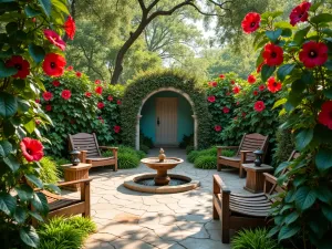 Tropical Hibiscus Meditation Space - A peaceful garden seating area surrounded by tall tropical hibiscus plants in full bloom, with bronze garden sculptures and a small meditation fountain, dappled sunlight filtering through leaves