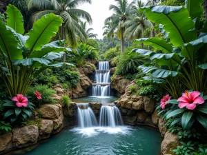 Tropical Hibiscus Waterfall - Wide-angle shot of a multi-tiered garden waterfall surrounded by pink hibiscus and towering elephant ears, creating a lush tropical atmosphere