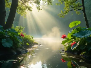 Tropical Morning Mist - Early morning scene with mist rising from a natural pond, surrounded by rose of sharon hibiscus and elephant ears, sunlight filtering through leaves