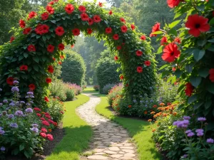 Tropical Path Paradise - Winding garden path perspective with tall hibiscus plants creating an archway, underplanted with butterfly bush and zinnias, butterflies visible throughout