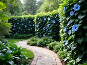 Tropical Screen Garden Path - Winding garden path alongside a tall hibiscus privacy screen with blue morning glory vines intertwined, creating a tropical corridor effect