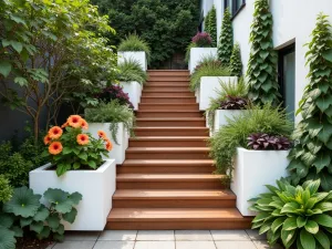 Tropical Staircase Garden - Wide angle view of wooden stairs with white modern planters of graduating sizes, featuring orange hibiscus, burgundy coleus, and trailing sweet potato vine creating a living wall effect