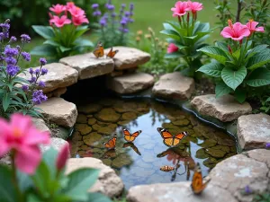 Tropical Water Feature - A natural stone butterfly puddling area surrounded by pink hibiscus and purple bee balm, with several butterflies gathering at the water's edge, cottage garden style