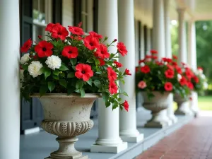 Victorian Hibiscus Collection - An elegant arrangement of vintage cast iron planters featuring traditional hibiscus varieties in deep reds and whites, positioned on a classic wrap-around porch