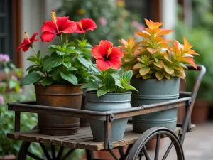 Vintage Tropical Collection - Eye-level view of an antique cart displaying vintage metal containers with red hibiscus, copper-colored coleus, and golden sweet potato vine, soft vintage filter effect