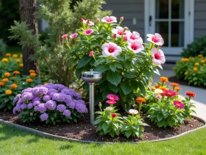 Wildlife Garden Corner - Corner garden vignette showing a harmonious blend of pink and white hibiscus, purple butterfly bush, and multicolored zinnias with a small solar fountain, modern garden style