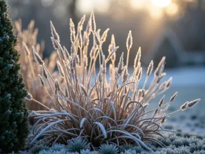 Winter Hibiscus Structure - Close-up view of frost-covered hardy hibiscus stems and seed heads in winter morning light, surrounded by evergreen companions and ornamental grass plumes creating elegant garden structure