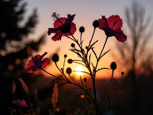 Winter Silhouette Garden - Wide-angle silhouette shot of hibiscus stems and seed heads against a winter sunset, mixed with architectural grasses and evergreen shapes