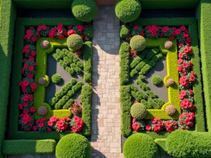 Year-Round Hibiscus Collection - Aerial view of a formal garden design showing multiple hibiscus varieties and companion plants arranged in a geometric pattern, demonstrating year-round interest through structure and seasonal change