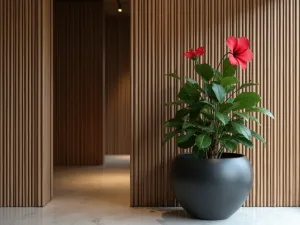 Zen Hibiscus Corner - Close-up of a minimalist corner featuring a single spectacular hibiscus specimen in a large black ceramic planter, positioned against bamboo screens with subtle lighting