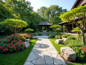 Zen Hibiscus Garden - Wide-angle view of a Japanese-inspired garden featuring hardy hibiscus varieties, stone elements, and carefully pruned specimens creating a peaceful atmosphere