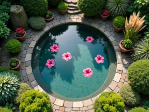 Zen Hibiscus Pool - Aerial view of a circular reflection pool with floating hibiscus blooms, surrounded by potted hibiscus plants and ornamental grasses, Japanese garden influence