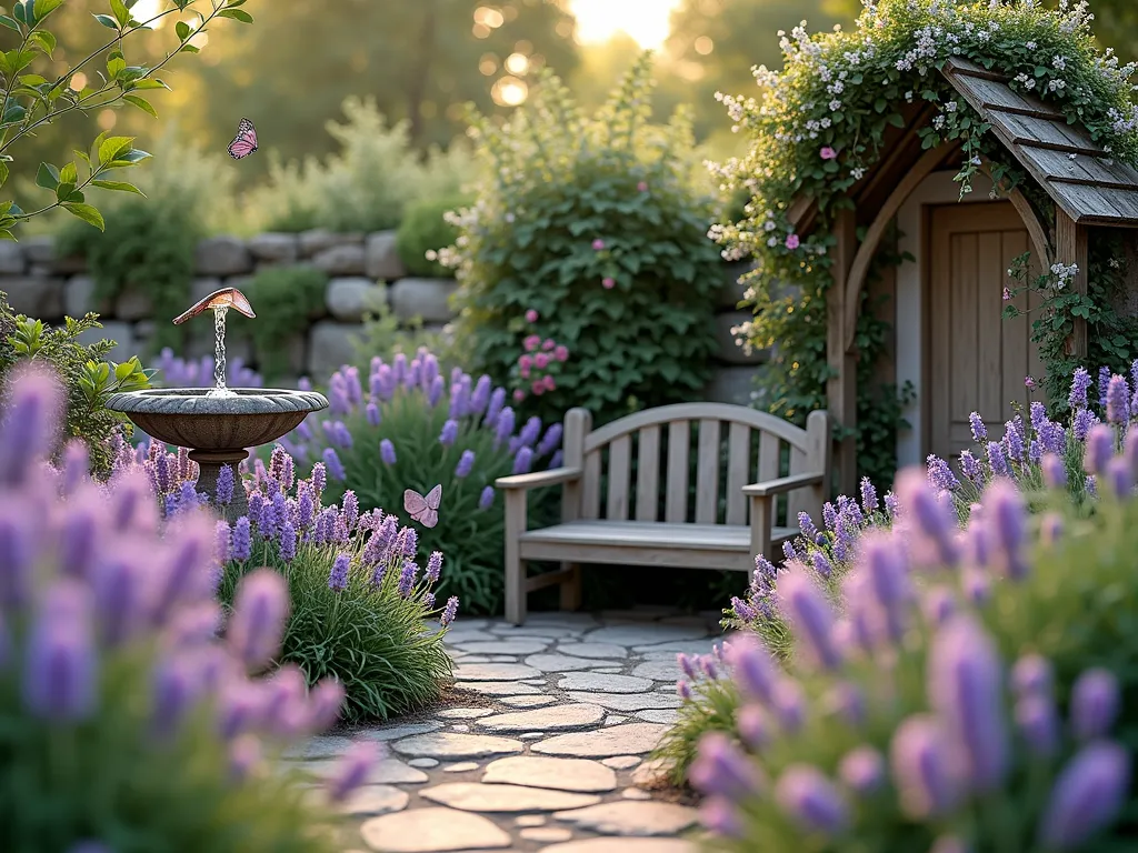 Enchanted Butterfly Haven in Hobbit Garden - A whimsical garden corner with a curved wooden bench nestled against natural stone retaining walls, surrounded by masses of lavender, purple coneflowers, and butterfly bushes in full bloom. Soft evening sunlight filters through the scene, highlighting butterflies dancing around the flowers. A small stone bird bath with trickling water adds a magical touch, while climbing roses trail over a rustic wooden arch. The planting style is naturalistic and cottage-like, with drifts of wildflowers in soft purples, pinks, and whites creating a dreamy atmosphere. Photorealistic, magical atmosphere, soft bokeh effect, 4K quality.