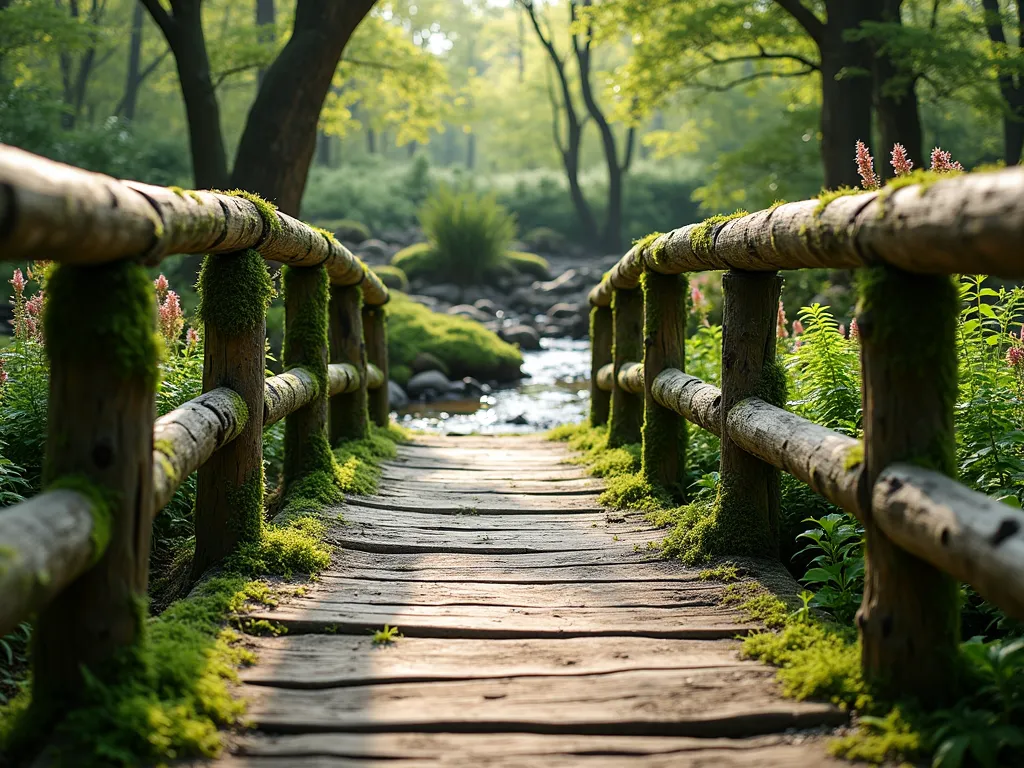 Enchanted Hobbit Garden Bridge - A charming rustic wooden footbridge with weathered oak railings, arching gracefully over a shallow meandering stream in a lush garden setting. The bridge features aged wooden planks with patches of emerald moss and grey-green lichen growing naturally along its surface. Surrounded by ferns, flowering perennials, and river rocks, with dappled sunlight filtering through overhanging trees. The scene is captured in soft morning light, creating a magical, Middle-earth atmosphere. Perspective view from ground level, showing the bridge's gentle curve and natural patina.