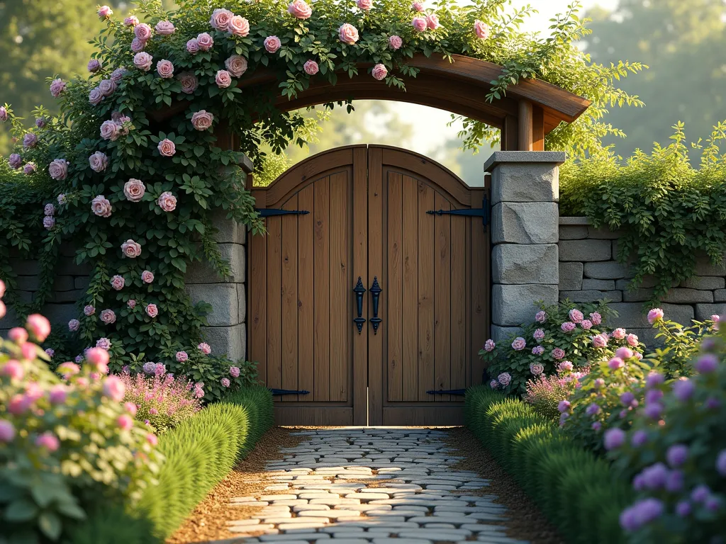 Enchanted Hobbit Garden Gate - A charming rustic wooden garden gate with a gracefully curved top, weathered oak planks, and ornate wrought iron hardware. The gate is nestled within a stone archway covered in flowering climbing roses and wisteria vines. Soft afternoon sunlight filters through the overhead wooden trellis, casting dappled shadows on the well-worn cobblestone path. English ivy and morning glories intertwine along the gate posts, creating a whimsical, Middle-earth inspired entrance. Perspective shot from the garden path, photorealistic style, 4k, detailed.