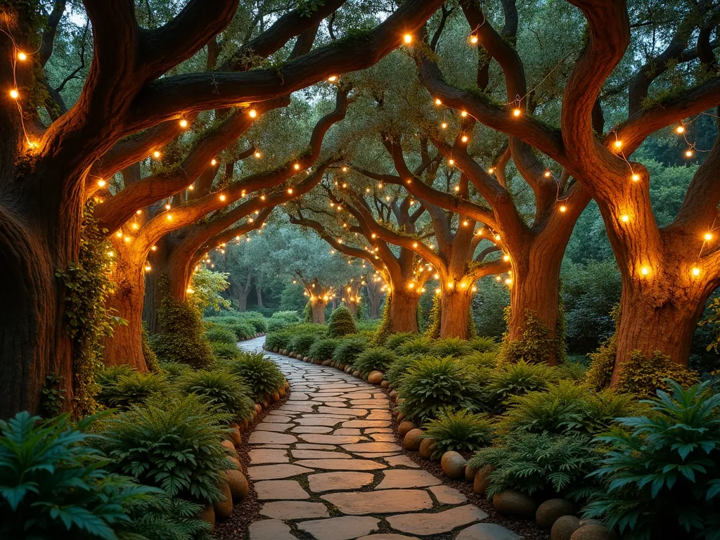 Enchanted Hobbit Garden Light Canopy - A magical twilight garden scene with ancient oak trees creating a natural canopy, illuminated by hundreds of warm white fairy lights delicately woven through branches. Stone pathways wind beneath, bordered by lush ferns and moss-covered stones. The ethereal lighting casts a gentle golden glow over the garden, creating dancing shadows and a mystical atmosphere reminiscent of the Shire at dusk. Hidden copper wire strings disappear among climbing ivy and dense foliage, while the twinkling lights reflect off dewy leaves and create a starlit effect underneath the natural arbor.