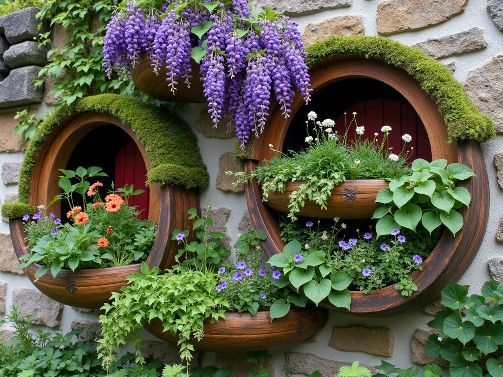 Enchanted Hobbit Living Wall - A whimsical vertical garden wall with curved wooden planters mounted on a rustic stone backdrop, cascading with lush greenery and colorful flowers. English ivy and trailing nasturtiums spill downward, while compact herbs like thyme and sage fill middle sections. Purple wisteria drapes elegantly across the top, with pockets of bright lavender, chamomile, and woodland strawberries scattered throughout. The planters feature weathered wood with rounded hobbit-style designs, moss-covered edges, and copper details. Soft natural lighting highlights the living tapestry, creating depth and magical garden atmosphere.