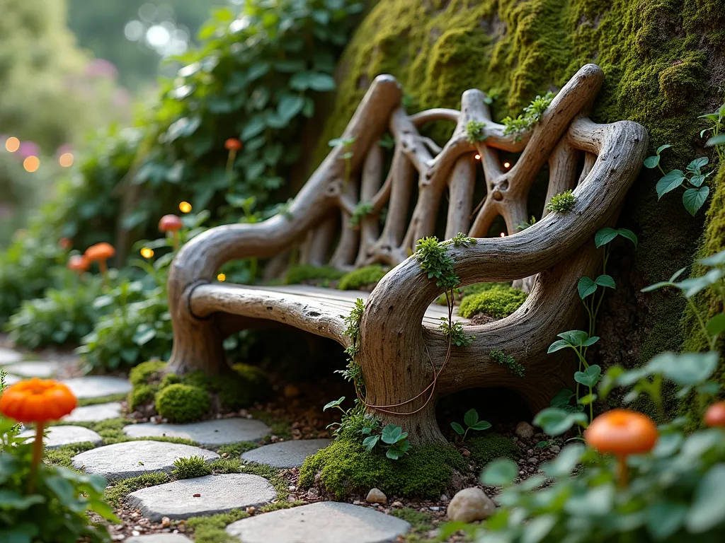 Enchanted Root Garden Bench - A magical garden scene featuring a naturally curved wooden bench made from twisted tree roots and weathered driftwood, nestled against a moss-covered earthen bank. The bench follows organic curves, with living moss and small ferns growing between the root sections. Delicate fairy lights twinkle among the roots, while climbing ivy and trailing nasturtiums softly drape over parts of the bench. The surrounding garden includes clusters of woodland flowers, mushrooms, and a cobblestone path leading to the whimsical seating area. The scene is captured in soft, late afternoon lighting with a dreamy, ethereal quality.