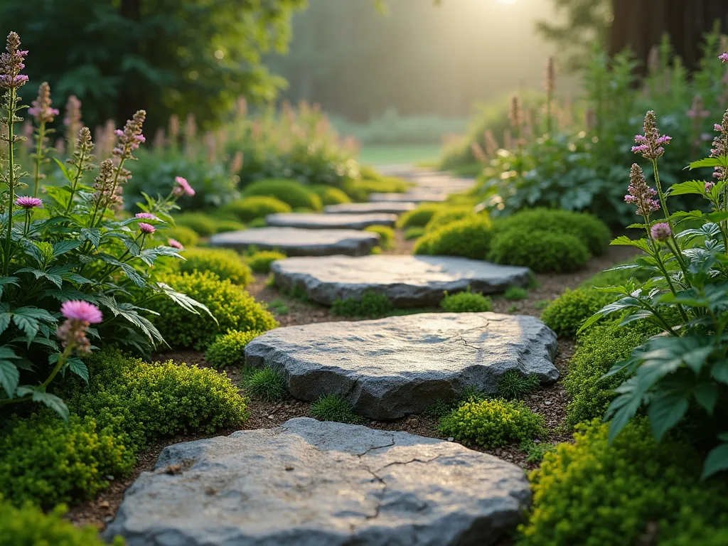 Enchanted Stone Step Garden Path - A winding garden path made of large, weathered flat stones nestled into lush ground cover, photographed in soft morning light. The stones are artfully spaced and partially covered with emerald moss, creating a natural stepping stone trail through a magical garden setting. Low-growing thyme and Irish moss carpet the spaces between stones, while delicate ferns and woodland flowers line the path edges. The stones appear ancient and settled, with a misty atmosphere suggesting early morning in the Shire. Photorealistic, high detail, magical atmosphere, f/2.8, soft bokeh