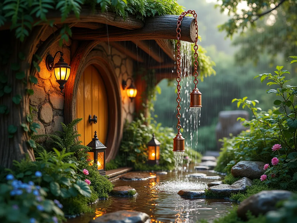 Whimsical Copper Rain Chain in Hobbit Garden - A magical garden scene featuring an ornate copper rain chain hanging from a curved wooden eave of a hobbit-style structure, water droplets cascading down its decorative cups and bells during a light rain. The chain is surrounded by lush green ferns, climbing roses, and moss-covered stones, with warm golden lighting creating a cozy atmosphere. Small garden lanterns illuminate the scene, while water pools gracefully into a small stone basin surrounded by forget-me-nots and creeping thyme. Artistic, cinematic lighting, magical atmosphere, inspired by Middle Earth architecture, photorealistic detail.