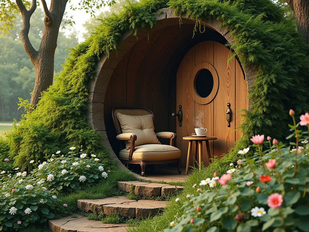 Cozy Hobbit Garden Reading Nook - A whimsical garden reading nook carved into a lush green hillside, featuring a round wooden door frame and deep-set circular window. Inside, a plush armchair with earth-toned cushions sits beside a rustic wooden side table with a steaming cup of tea. The nook is surrounded by cascading ferns, climbing ivy, and blooming wildflowers. Soft natural lighting filters through overhanging branches, creating a magical atmosphere. Stone steps lead up to the entrance, lined with moss and tiny woodland flowers. The scene is captured in a dreamy, ethereal photography style with warm afternoon light.