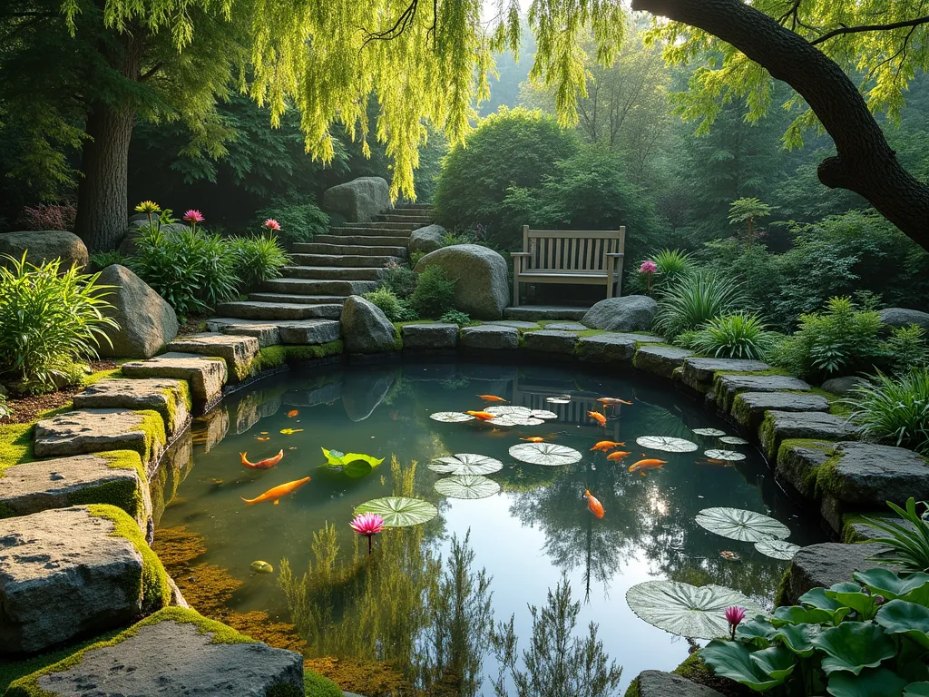 Hobbit Garden Meditation Pond - A serene circular garden pond surrounded by moss-covered natural stones and boulders, with water lilies and lotus flowers floating on the surface. Japanese forest grass and ferns cascade over the edges, while dwarf iris and miniature cattails emerge from the water. Stone steps leading to a small wooden meditation bench beside the pond. Soft evening light filtering through overhanging maple branches creates magical reflections on the crystal-clear water where small koi fish swim lazily. Natural stone lanterns peek out from between bleeding hearts and hostas around the pond's edge.