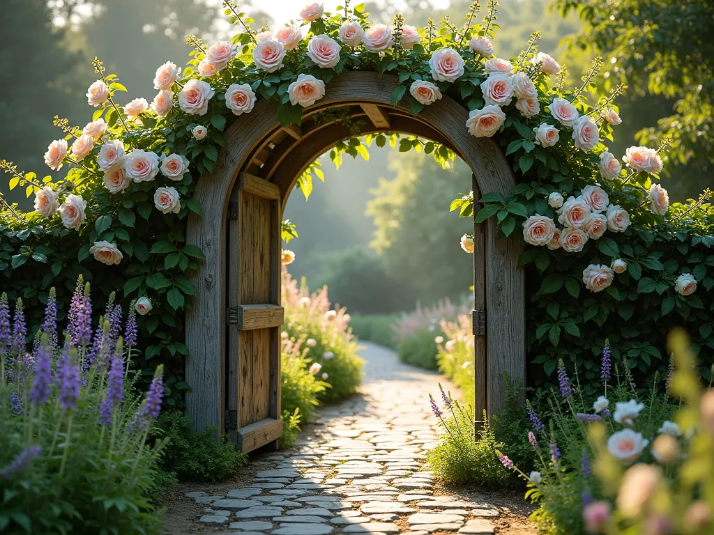 Enchanted Rose Arch Garden Entry - A charming rustic wooden garden arch made of weathered oak, covered in cascading old English climbing roses in soft blush pink and creamy white. The arch spans a winding cobblestone path, with lush green ivy intertwined at the base. Dappled sunlight filters through the roses, creating a magical ethereal glow. Small cottage garden flowers like lavender and foxgloves bloom along the pathway edges, while climbing rose varieties 'New Dawn' and 'Madame Alfred Carrière' dominate the arch structure. The scene is captured in early morning light with a dreamy, mystical atmosphere reminiscent of the Shire.