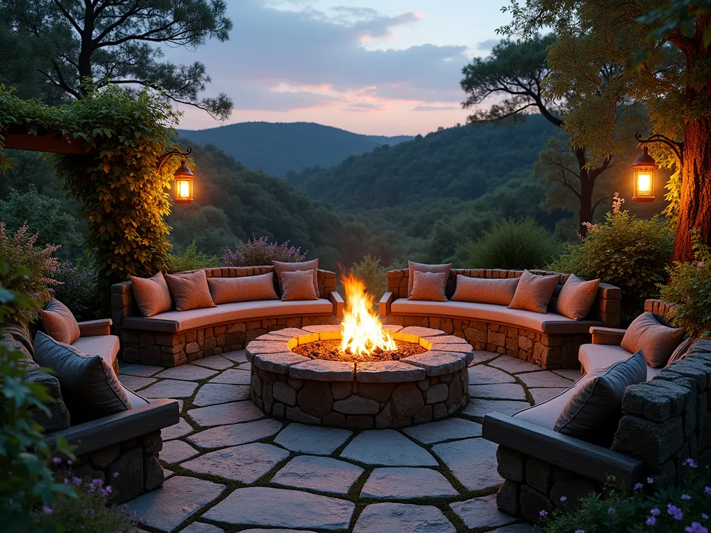 Hobbit Garden Stone Fire Pit at Dusk - A cozy circular stone fire pit with dancing flames in a magical garden setting at dusk, surrounded by rustic wooden benches with plush cushions and weathered stone seats. Natural fieldstone construction with moss-covered edges, set within a circular flagstone patio. Climbing ivy and wild flowers growing between stones. Warm lighting from copper lanterns on shepherd's hooks, creating a mystical atmosphere. Rolling garden hills and mature trees in the background. Perspective from ground level, photorealistic, warm evening lighting, magical atmosphere