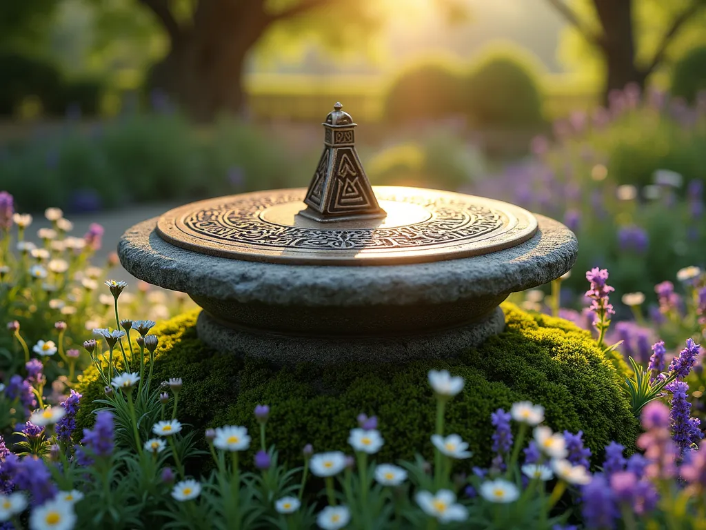 Enchanted Hobbit Garden Sundial - A weathered bronze sundial with intricate Celtic knotwork patterns sits atop a moss-covered stone pedestal in a magical garden setting. The pedestal is surrounded by a circular garden bed filled with blooming thyme, chamomile, and purple lavender creating a soft, ethereal carpet. Delicate forget-me-nots and white alyssum peek through the herbs, adding whimsical charm. Dappled sunlight filters through nearby trees, casting gentle shadows across the sundial's face. The scene is captured during golden hour, giving it a warm, magical glow. Composition is from a low angle, emphasizing the sundial's prominence while showing the lush garden setting, photorealistic style, high detail, studio lighting