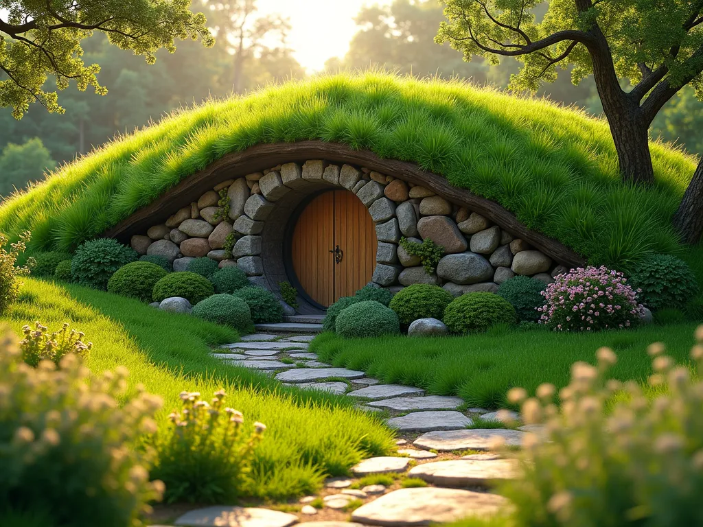 Emerald Hobbit Hill Garden Integration - A magical garden scene featuring a gently curved grassy hill with natural stone retaining walls partially visible, covered in emerald green turf. The walls seamlessly blend into the landscape, creating a Hobbit-home aesthetic. Small flowering plants and ornamental grasses peek out from between the stones. The hill is perfectly manicured with lush grass, rising about 4 feet high. A rustic wooden round door is visible in the hill's face, surrounded by weathered stones. Morning dew glistens on the grass, shot during golden hour, photorealistic, with soft natural lighting casting gentle shadows. The foreground shows a winding stone path leading to the hill, bordered by wildflowers and creeping thyme.