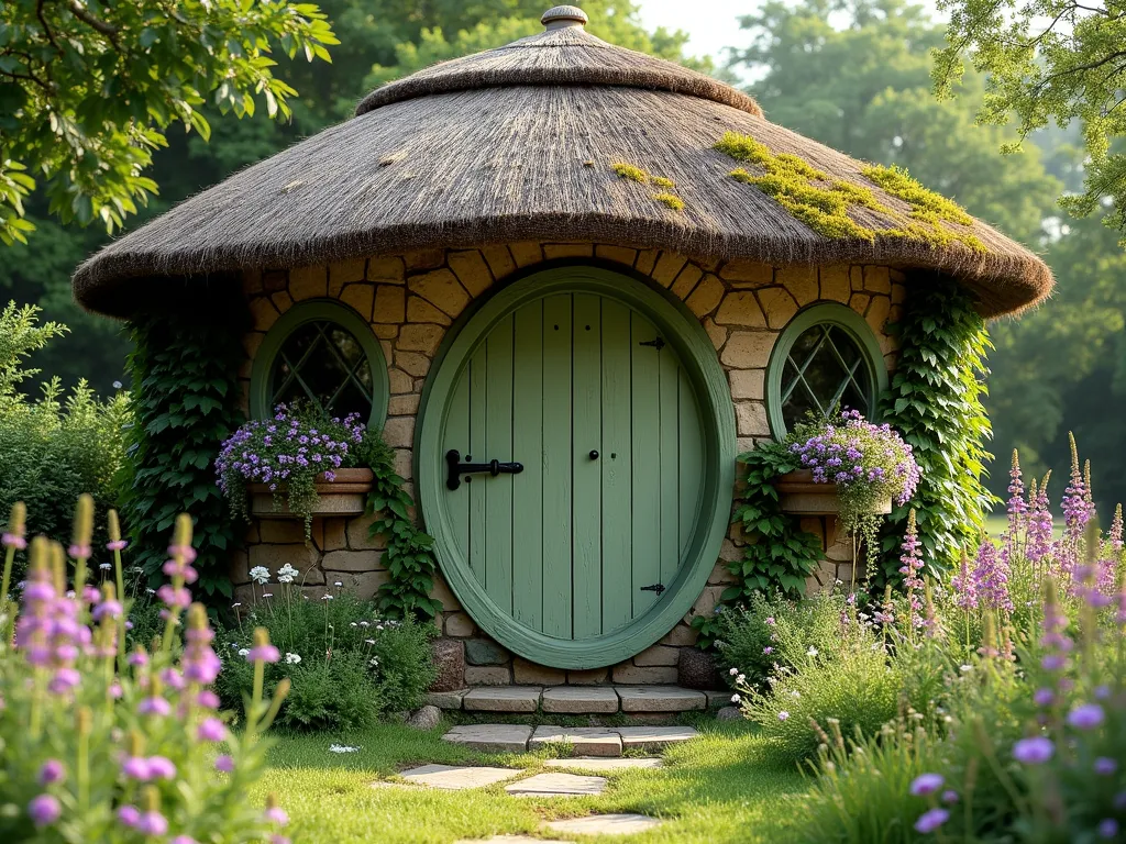 Whimsical Hobbit Garden Shed - A charming circular thatched-roof garden shed in a lush garden setting, featuring a round wooden door painted sage green with black wrought iron hinges, and two circular windows with window boxes full of cascading flowers. The natural straw thatch roof is weathered and moss-covered, with climbing ivy partially covering the stone and timber walls. The shed is surrounded by a cottage garden with blooming foxgloves, lavender, and wild daisies. Morning light filters through nearby trees, creating a magical, ethereal atmosphere. Architectural style matches authentic Shire design with curved lines and natural materials.