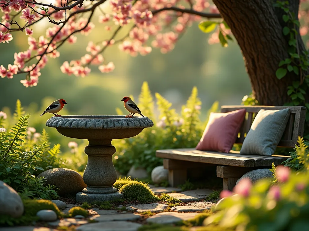 Enchanted Bird Bath Garden Retreat - A whimsical garden scene with a weathered stone bird bath as the centerpiece, surrounded by lush hostas, ferns, and bleeding hearts in dappled sunlight. A cozy wooden bench with cushions nestled under a flowering dogwood tree, creating an intimate seating area. Moss-covered stones create natural pathways, while delicate fairy lights hang from branches. The scene is captured during golden hour, with a pair of finches perched on the bird bath rim. Soft bokeh effect, ethereal atmosphere, photorealistic style