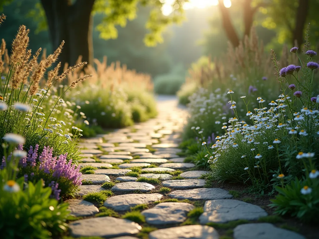 Enchanted Hobbit Garden Cobblestone Path - A winding cobblestone pathway through a lush garden, photographed at ground level with morning sunlight filtering through. Irregular natural stone pavers create a meandering path, with soft purple and white creeping thyme and delicate chamomile flowers spilling over the edges. Moss grows between the stones, while tall ornamental grasses and wildflowers frame the path. Dappled sunlight creates a magical atmosphere with gentle bokeh effect. Hyperrealistic, cinematic lighting, inspired by Lord of the Rings aesthetic.