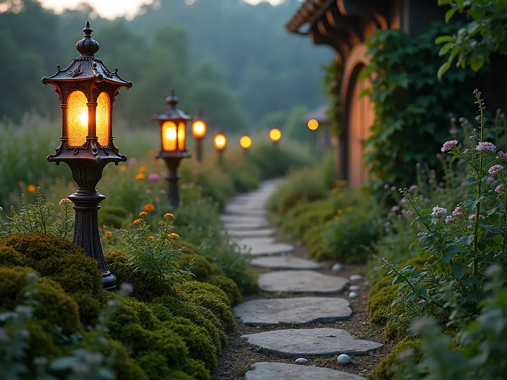 Enchanted Hobbit Garden Lantern Path - A winding garden path at dusk, lined with ornate wrought iron lantern posts in weathered copper finish, emitting a warm golden glow. The lanterns feature intricate medieval-inspired designs and glass panels. The path is bordered by lush moss, ferns, and flowering herbs, with rounded river stones creating a natural-looking walkway. Low-growing thyme spreads between the stones, while climbing ivy gracefully wraps around the base of some lanterns. Soft mist hovers near the ground, creating a magical Middle-earth atmosphere. The scene is captured from a low angle perspective, emphasizing the cozy, mystical feeling of a Hobbit garden at twilight.