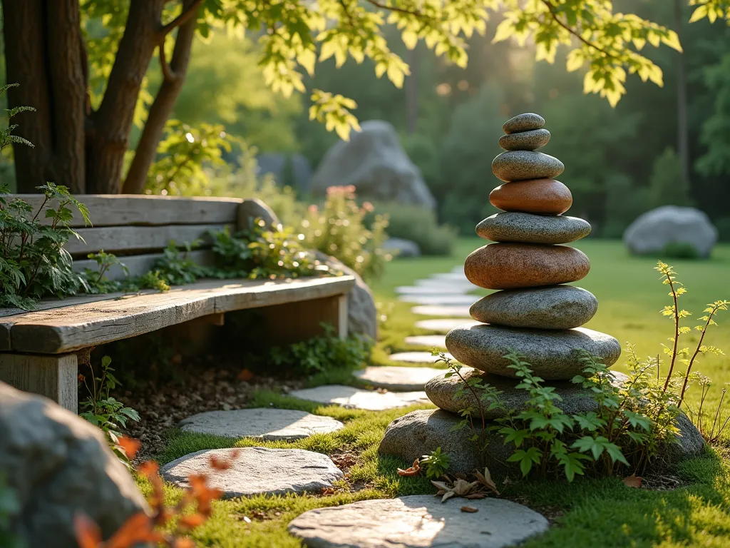 Magical Stone Cairn Garden Corner - A whimsical garden corner at golden hour, featuring artfully balanced stone cairns of varying sizes. Natural stones in grey, rust, and earth tones are stacked in elegant formations, creating 3-4 cairns of different heights (2-3 feet tall). Soft moss grows between the stones, with delicate ferns and trailing ivy surrounding the base. Dappled sunlight filters through overhead tree branches, casting ethereal shadows across the stone arrangements. A weathered wooden bench sits nearby, partially covered in lichen. The background shows a curving garden path made of natural flagstones leading to a mysterious garden corner.