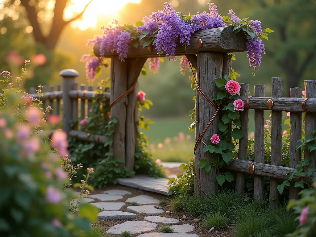 Enchanted Hobbit Garden Fence - A charming rustic wooden fence with uneven post heights in a cottage garden setting, photographed during golden hour. The weathered oak posts are connected by rough-hewn rails and decorated with twisted rope ties and aged copper accents. Climbing roses and English ivy intertwine through the structure, with delicate tendrils wrapping around the posts. Purple wisteria cascades over the top, creating a whimsical natural archway. The fence stands approximately 3 feet tall with some posts reaching 4 feet, perfect for a hobbit-scale garden. Soft bokeh effect in background with wildflowers and natural stone pathway.