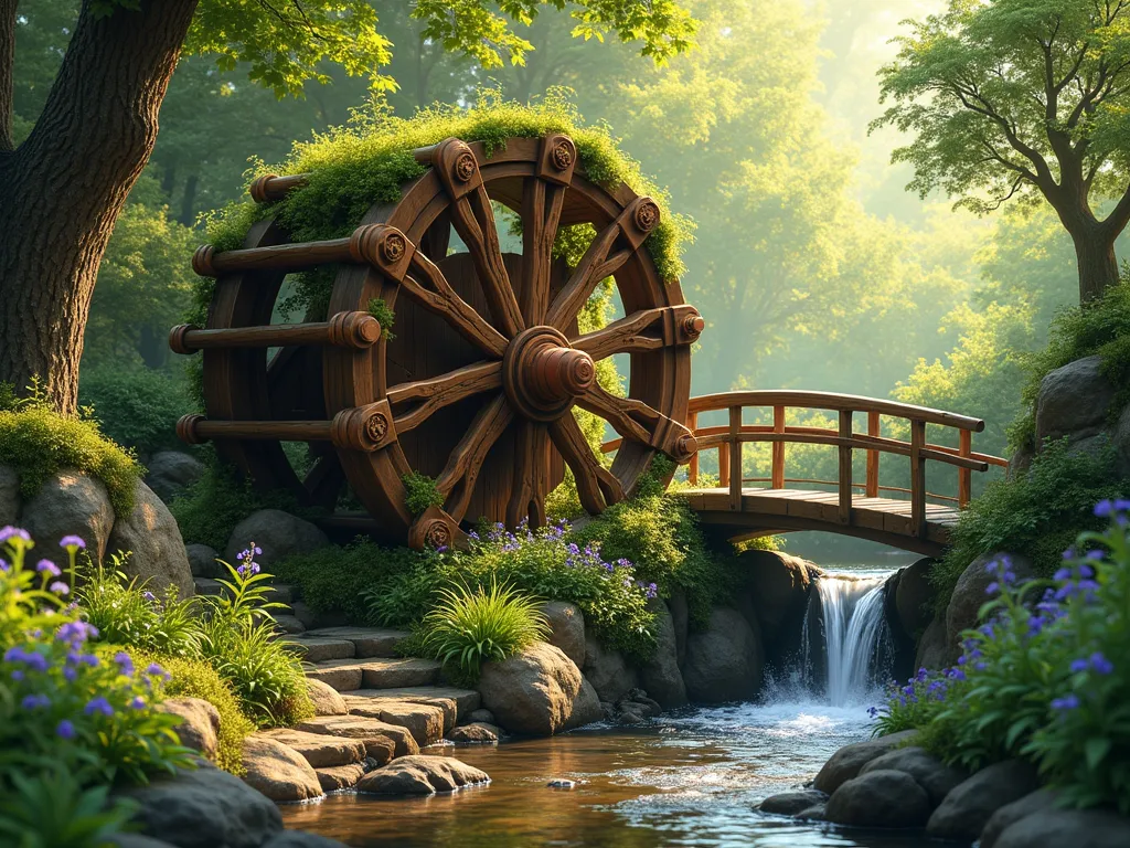 Rustic Hobbit Garden Water Wheel - A charming handcrafted wooden water wheel, 4 feet in diameter, with moss-covered oak timbers and copper fittings, gently turning beside a natural stone-lined stream. Surrounded by lush ferns, bluebells, and climbing ivy. Dappled sunlight filtering through overhead trees creates magical light patterns on the cascading water. Small wooden bridge crosses the stream nearby. Natural rock formations and weathered stepping stones line the banks, with purple and white wildflowers peeking between rocks. Warm evening lighting, photorealistic, magical atmosphere, Japanese garden influence, Studio Ghibli aesthetic