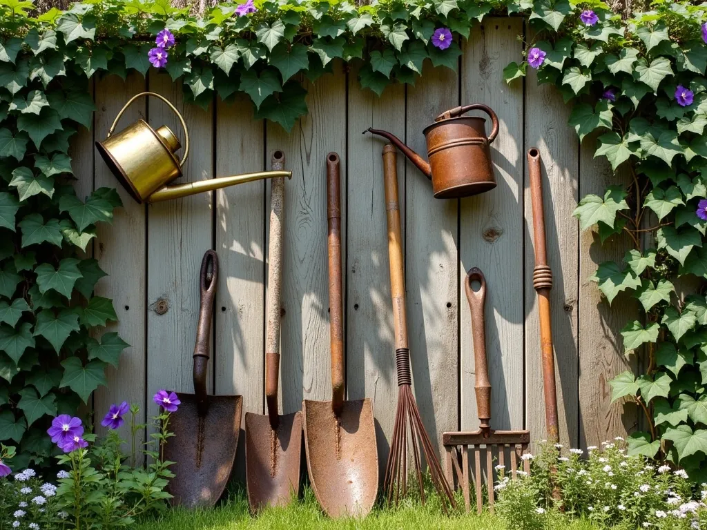 Rustic Garden Tool Art Display - A whimsical garden wall display featuring weathered vintage garden tools artistically arranged on a reclaimed wooden fence backdrop, with climbing ivy and morning glories weaving between them. The arrangement includes antique brass watering cans, rusty hand trowels, vintage pruning shears, and well-worn wooden-handled rakes. Soft afternoon sunlight casts romantic shadows across the weathered wood, while small clusters of wildflowers peek through at the base. The composition has a magical, Shire-like quality with a natural, lived-in patina.